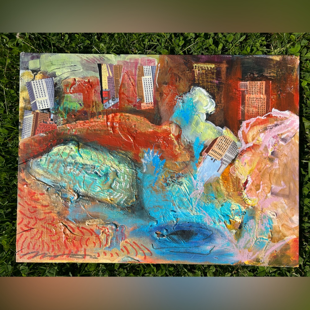 One-of-a-kind mixed media wall art collage and paint oils and acrylics on board